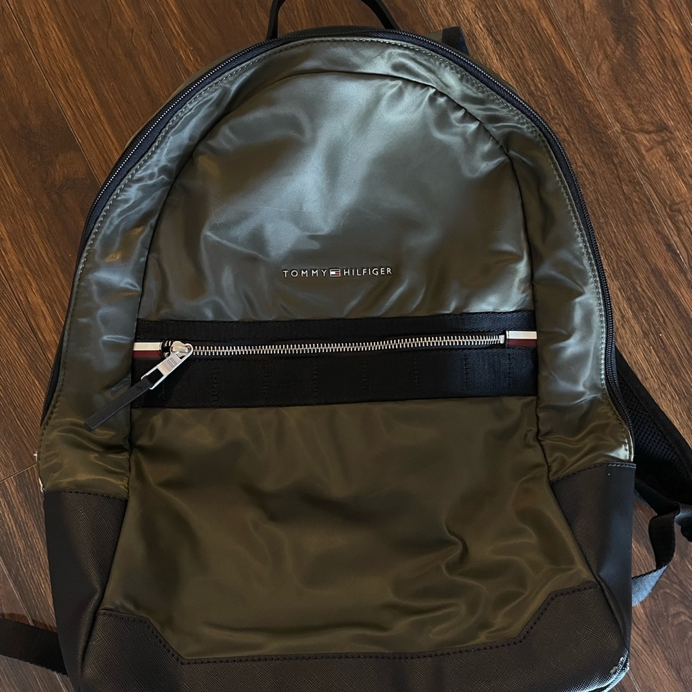Tommy Hilfiger Olive Green Nylon Backpack with Signature Stripe